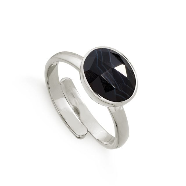 Atomic Midi White Striped Black Agate Silver Adjustable Ring