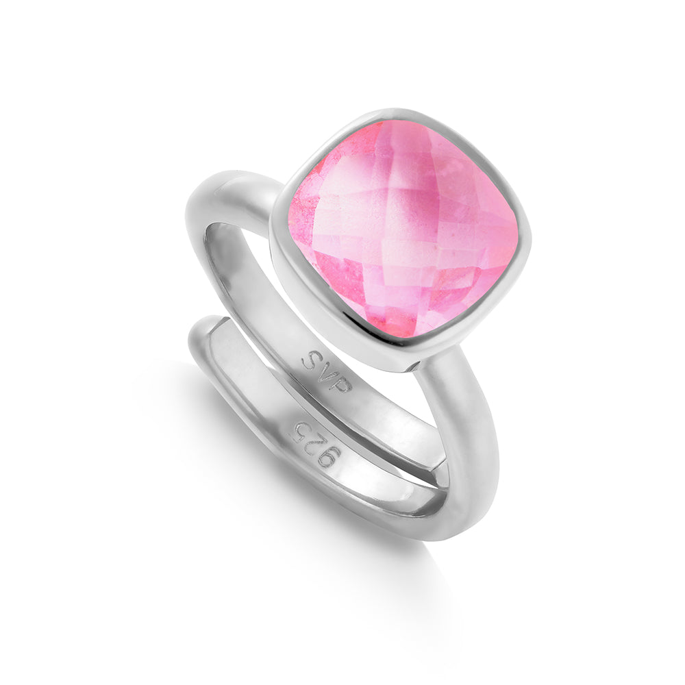 Highway Star Large Pink Quartz Silver Adjustable Ring