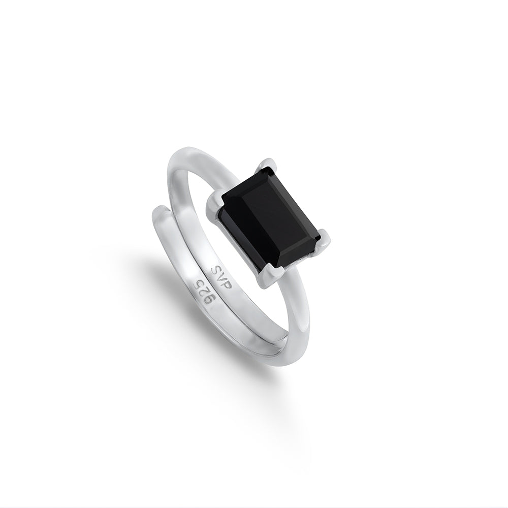 Indu Black Quartz Silver Adjustable Ring