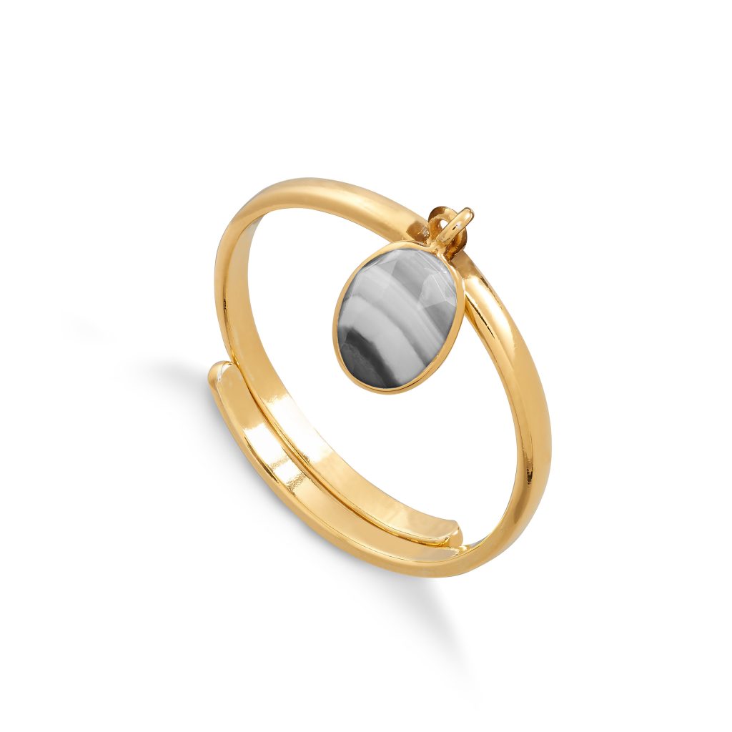 Rio White Striped Black Agate Gold Adjustable Stacking Ring