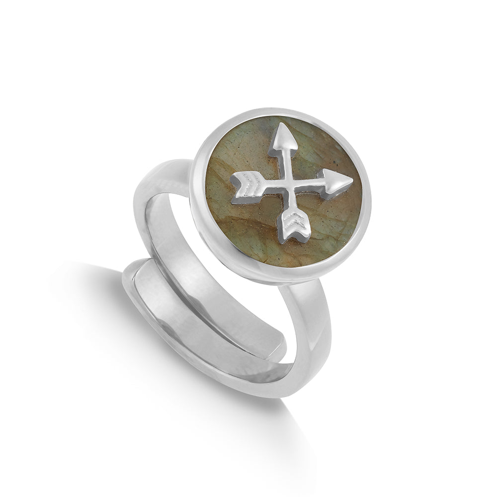 Labradorite Silver Stellar Midi Adjustable ring showcasing an arrow motif