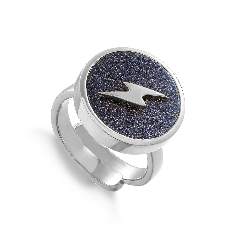 Stellar Lightning Blue Sunstone Silver Adjustable Ring