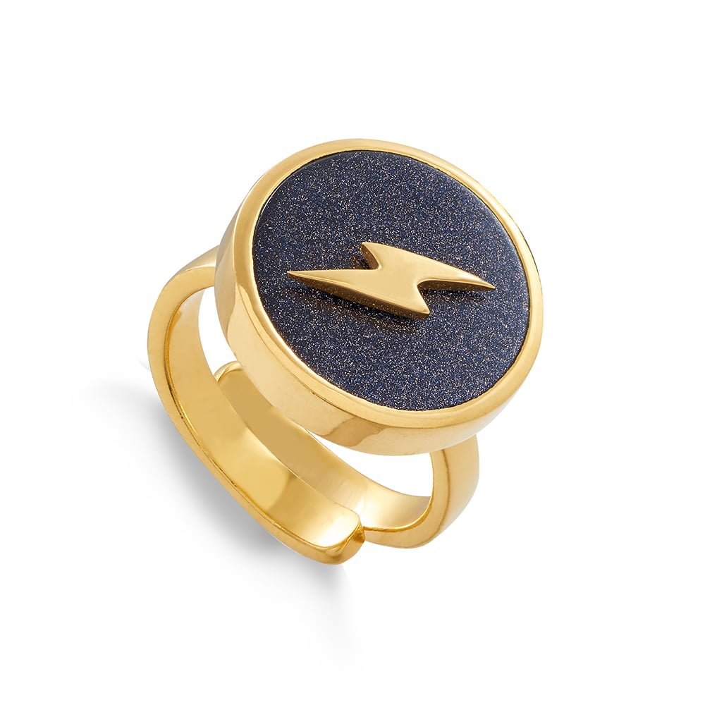 Stellar Lightning Blue Sunstone Gold Adjustable Ring