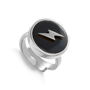 Stellar Lightning Black Quartz Silver Adjustable Ring