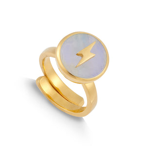 Rainbow Moonstone Gold Stellar Midi Adjustable ring showcasing an lightening motif
