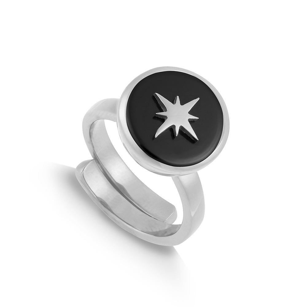 Black Quartz Silver Stellar Midi Adjustable ring showcasing an star motif